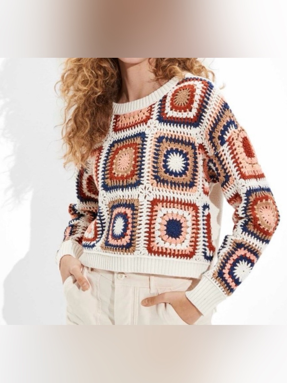 American Eagle Multicolor Crochet Square Pullover Cotton Sweater - Size L